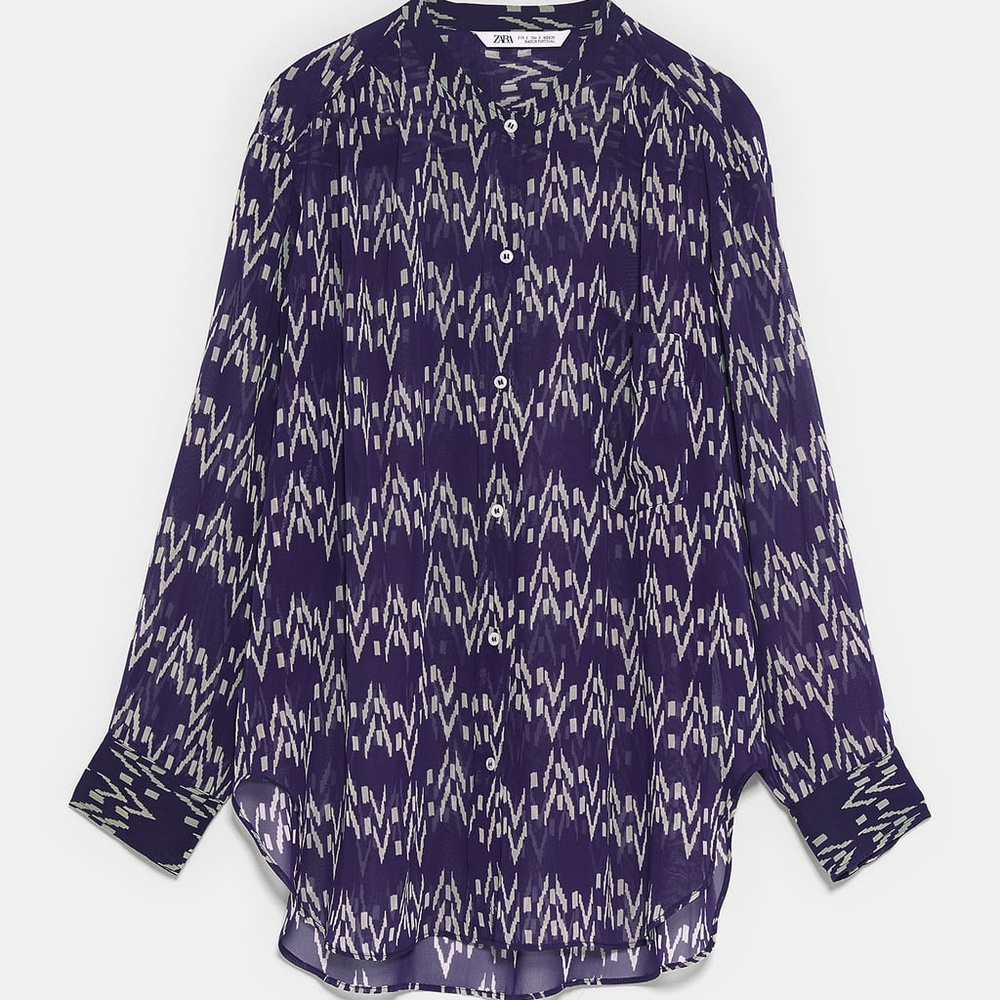 New ZARA Blouse Semi Sheer Navy Blue Button Shirt - Picture 5 of 5